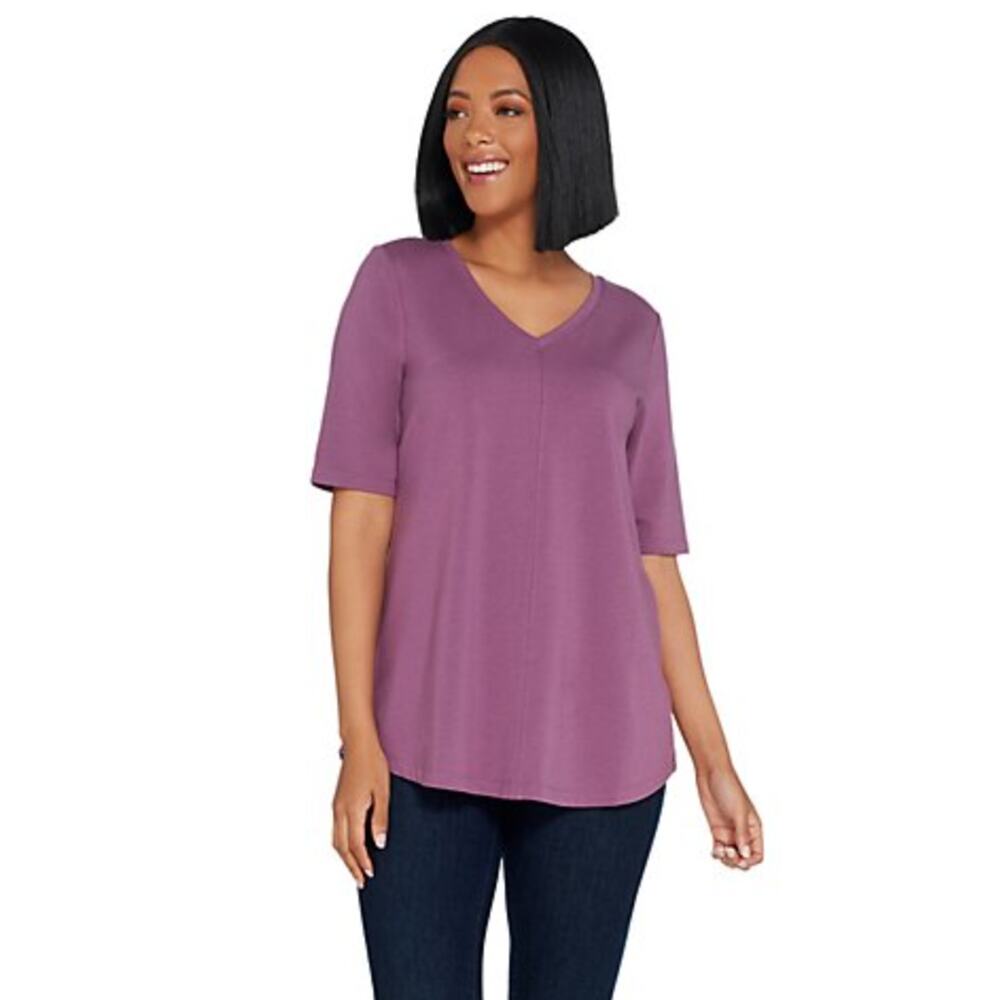 Denim & Co Essentials Top XXS Light Purple Half Sleeve Seaming Detail Tee NWOT